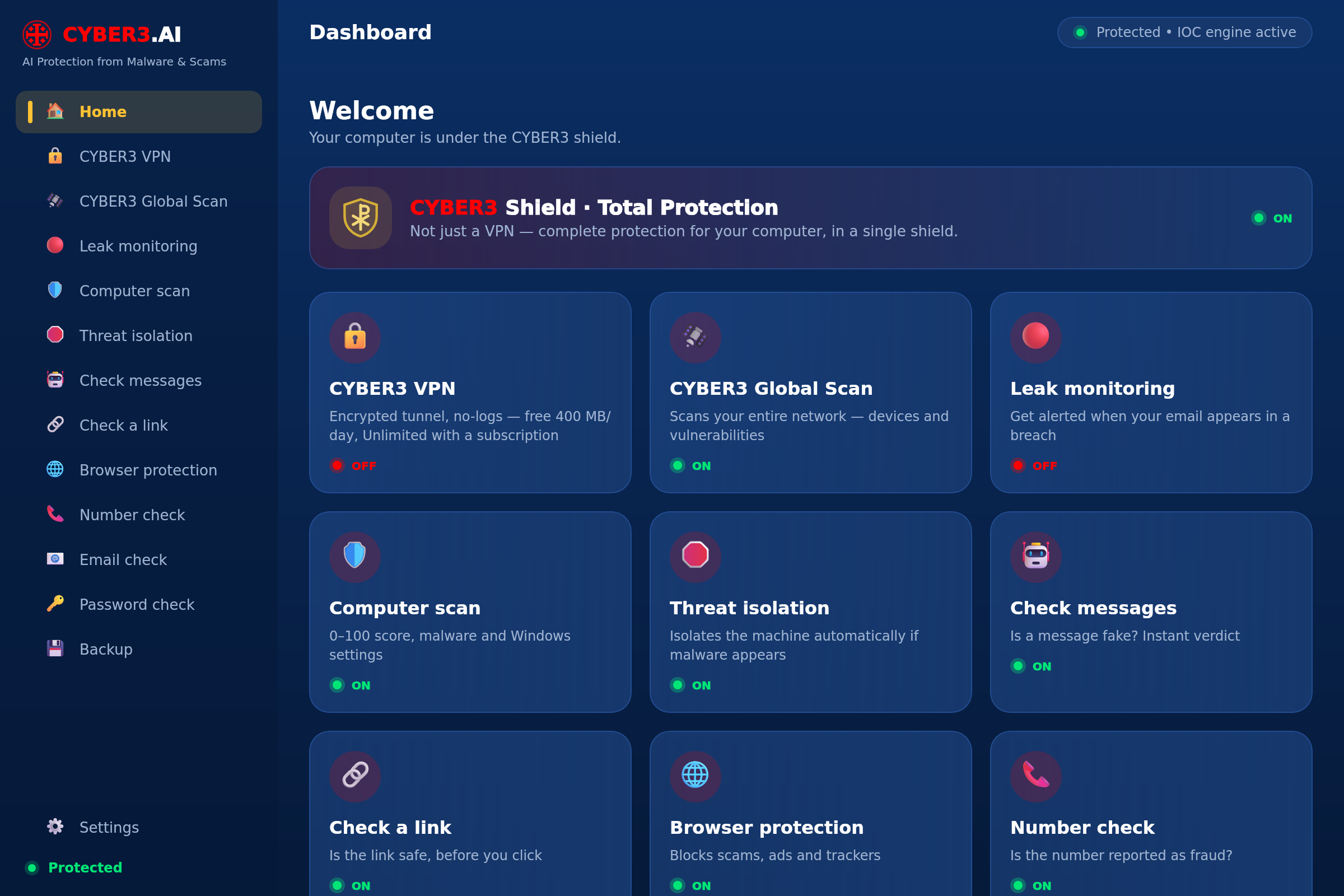 CYBER3 for Windows — dashboard