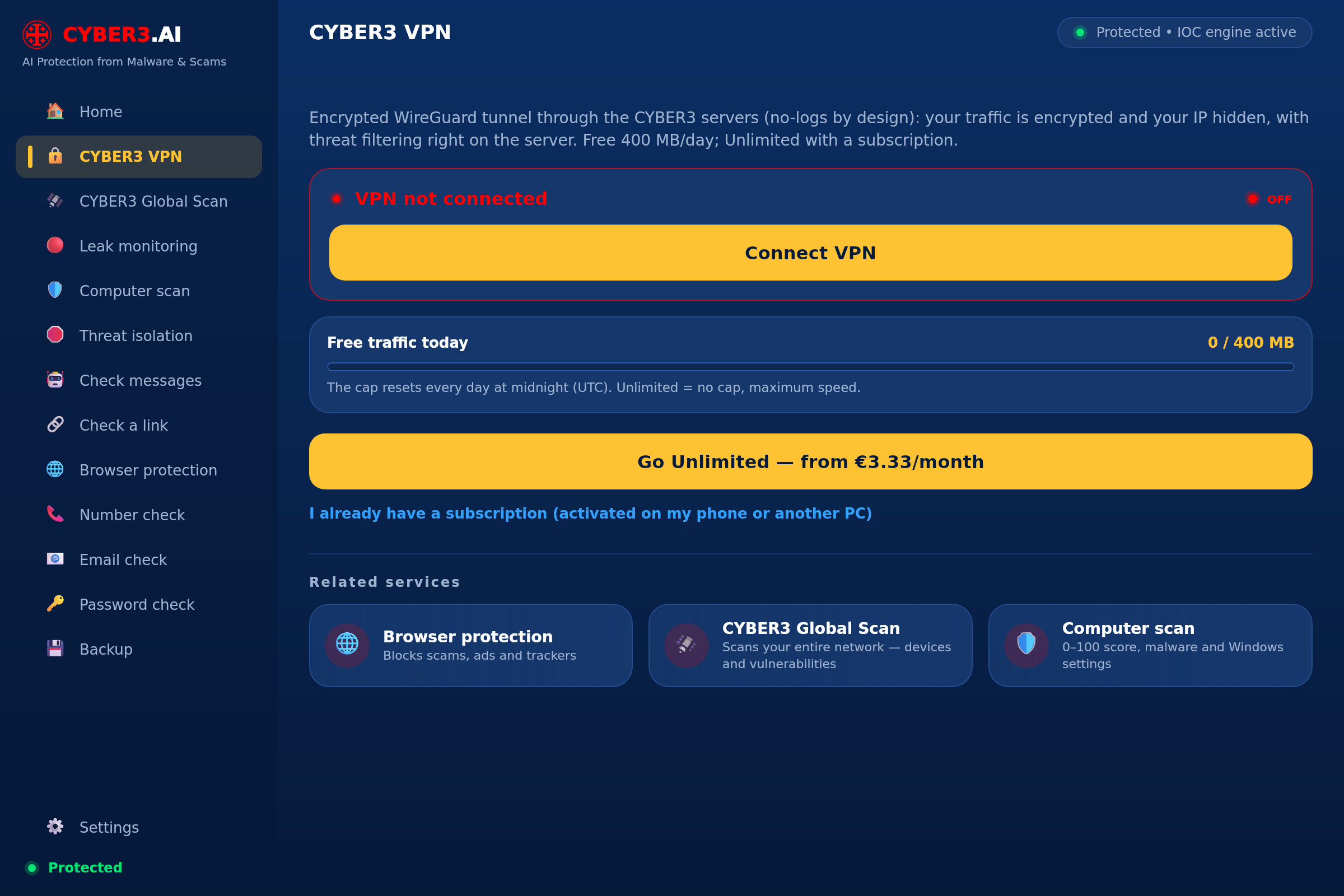 CYBER3 VPN on Windows — free 400 MB/day